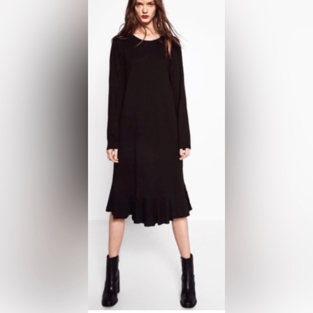Zara Trafaluc Black 100% cotton long sleeve ruffle dress